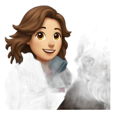 bernese mountain dog hiking in winter with a woman with brown hairr a mountain sticker