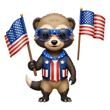 friendly anthropomorphised honey badger in patriotic USA Independence Day outfit with stars and stripes, wearing sunglasses sticker