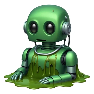 An emoji of a green robot melting away covered in thick green sludge sad and depressed  sticker