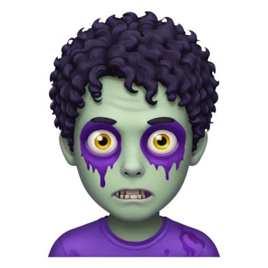 boy zombie with black curly hair, purple skin, one eye missing sticker