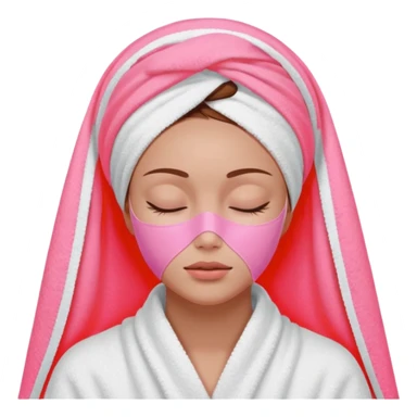 A woman with brown hair partially visible beneath a white towel wrapped around her head. Her face is covered with a pink skincare mask applied to the T-zone and cheeks. She has a calm, content expression with her eyes closed sticker