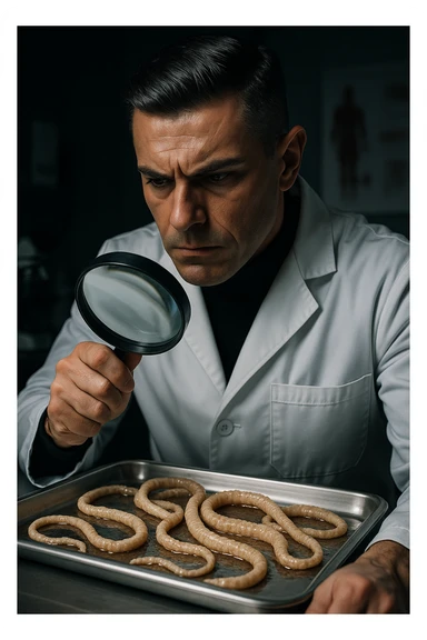 A middle-aged male kinesiologist wearing a pristine white lab coat, intensely analyzing long, beige tapeworms (like Taenia) under a magnifying glass. His expression is focused and slightly concerned, with dramatic studio lighting casting sharp shadows. The parasites are highly detailed, moist, and textured, stretched across a sterile metal tray. The background is blurred but suggests a clinical environment—hints of a microscope, medical charts, and clean lab equipment. The style is hyper-realistic, with a cinematic contrast between the bright white coat and the grotesque, organic forms of the parasites. No sci-fi elements, just raw medical realism with a disturbing edge sticker
