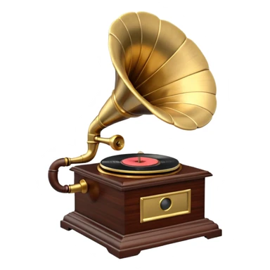 3D render of Gramophone, vintage 1980s audio equipment aesthetic, tactile analog buttons, polished brass gold horn with a dark mahogany wood base, mixed wood grain and brushed aluminum textures, Apple emoji style, isolated on white background --v 6.0 sticker
