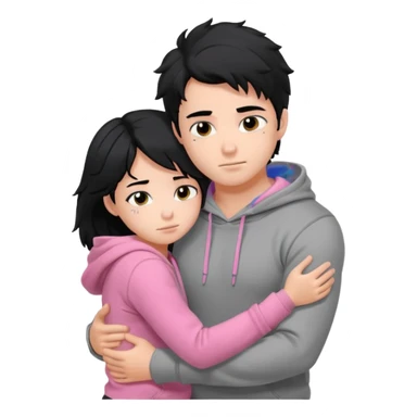 generate a pretty bratz fair skinned boy with messy black hair in a grey hoodie. Hugging his girlfriend who is wearing pink. Make him muscled. Boy in grey hoodie, girl in pink sticker
