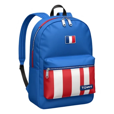 simple blue backpack, at the bottom pocket there is a  logo featuring a Tommy Jeans-inspired logo. The logo looks like a vertically-flag in one red, one white. The flag stripes are vertical, not horizontal. Flat

 sticker