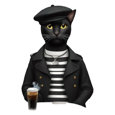 Black cat wearing a beret and a black and white striped shirt smoking a cigarette in a Parisian cafe sticker