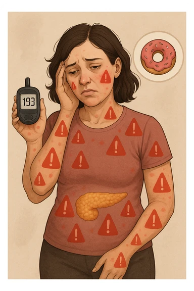 "Woman struggling with worsening insulin sensitivity, blood sugar spikes visualized as red warning signals throughout her body, expression of energy crashes and sugar cravings, pancreas working overtime shown in transparent overlay, pre-diabetic progression despite dietary efforts, metabolic syndrome symptoms accumulating, glucose meter showing increasingly concerning readings" scritte in italiano sticker