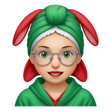 A woman who has a big rabbit-like front teeth wearing a green towel in her head with a broken glasses on her face in red pajamas sticker