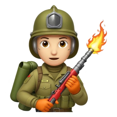 worm from Worms game wearing an army helmet and holding a flamethrower sticker