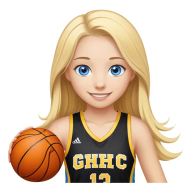 smiling girl with blue eyes and blonde long hair playing basketball with black and yellow jersey with GHC Logo sticker