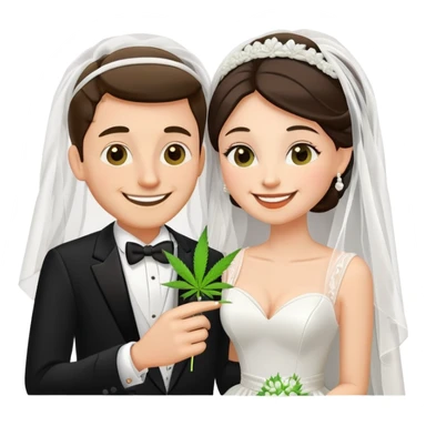 Bride in white dress and groom in tuxedo sharing a cannabis joint, cheerful cartoon wedding couple sticker