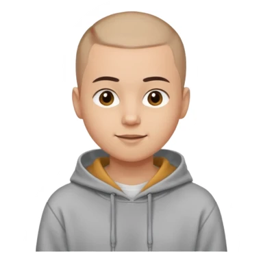 Light skin tone
Buzz cut (very short hair)
Thick, straight eyebrows
Big round brown eyes
Small closed-mouth smile
Wearing a grey hoodie over a white T-shirt sticker