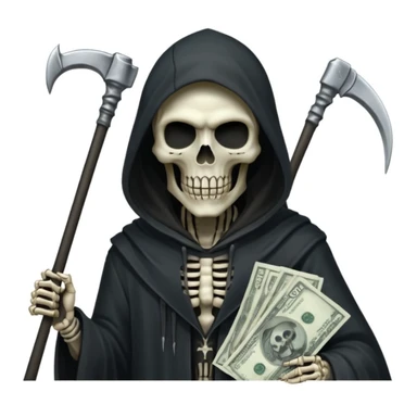 terrifying Grim Reaper with half-skeleton half-zombie face (no slime), holding a single scythe in left hand, subtle 100 dollar bills integrated in hood or around character, white background, dark and ominous atmosphere, profile picture sticker