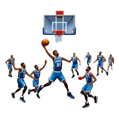 An icon showing a basketball court with players in action, inspired by NBA 2K25. A player jumps for a dunk, the ball mid-air, with the court’s floor and surrounding basketball arena visible. Bright lights highlight the excitement of the game. Transparent background. sticker