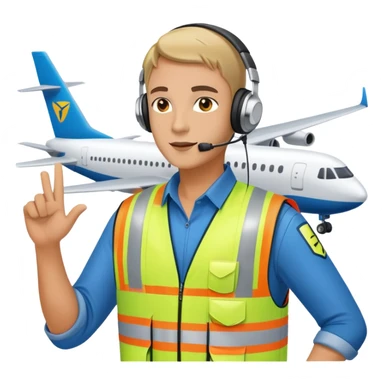 ramp agent at airport wearing reflective vest and headphones, directing aircraft sticker