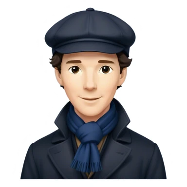 sherlock holmes benedict cumberbatch smile, wearing a deerstalker hat, Long dark coat, Dark suits, dark Blue scarf sticker