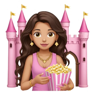 a woman with long dark brown  beachy wavy hair with light brown big eyes wearing pink vest top gold necklace baby pink nails and gold stud earrings with a pink castle fantasy in the background while eating popcorn  sticker