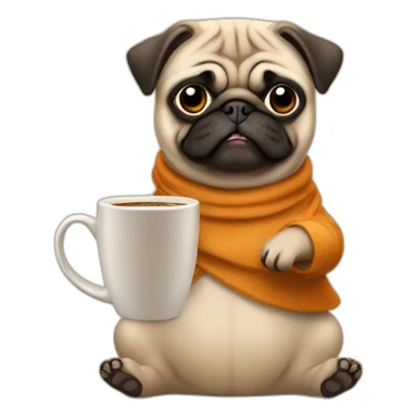 Pug in an important costume with a mug of coffee sticker