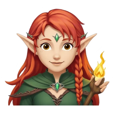 Bruxa meio elfa, ruivo forte (acobreado puxado pro castanho escuro) olhos escuros, e sorrindo 🧝🏻‍♀️ nesaa pegada desse emoji ai, e branca não muito branca tbm sticker