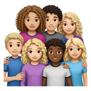 Group of diverse friends standing together, including a dark-skinned boy, a light-skinned blonde boy, a light-skinned girl with dark hair, a mixed-race girl with brown hair, a light-skinned person with curly hair, a mixed-race person with dark curly hair, and in the center a mixed-race person with wavy hair sticker