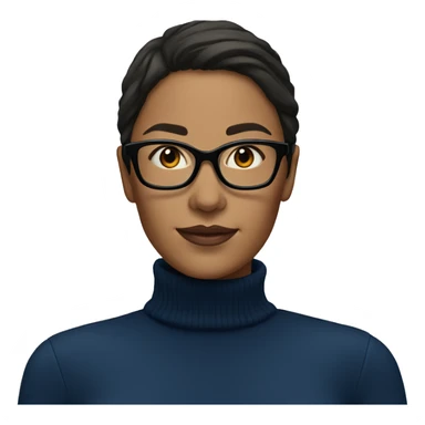 Woman with dark brown hair and glasses wearing a dark blue turtleneck  sticker
