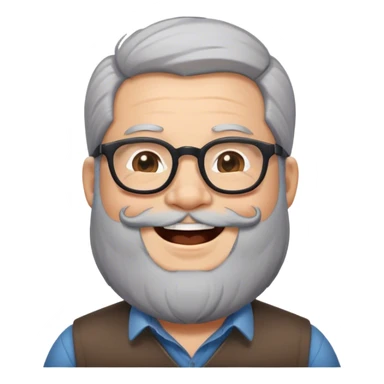 Mid age laughing chubby developer with light brown skin long beards and glasses grey hairand a very short black hair sticker