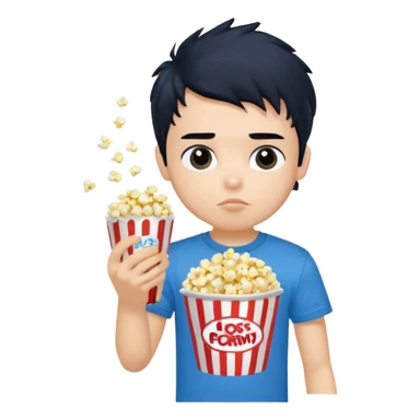 generate a pretty fair bratz boy with a blue tshirt on. eating popcorn. messy black hair sticker