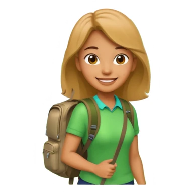 A 3D cartoon woman with a backpack smiling outdoors, surrounded by greenery, Memoji-style realism. sticker