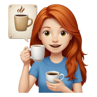 Excited long haired redhead drinking coffee with a sign in front saying GTSY sticker