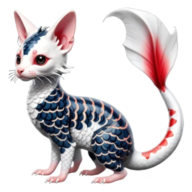 Hyper-realistic cute Japanese oriental Asian Edgy badass swimmy wet painted intricate ornate Japanese Asian koi-Minccino-Lykoi-Emolga-Sphynx-Linoone-Zangoose-fusion-hybrid-animal-Fakémon-creature, full body, thin long sleek scaly tail, intricate markings sticker