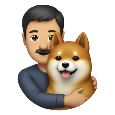Shiba Inu cuddles middle age man with dark hair  sticker