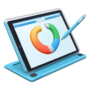 Create an emoji for 3D visualization and modeling. Show a large graphic tablet with a stylus drawing in a 3D modeling program. The 3D model on the screen should appear to protrude out of the screen. Use modern, professional colors. Make the background transparent. sticker