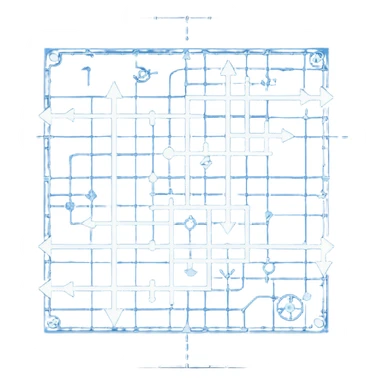 blue blueprint plan with white lines and a single dashed path from start to destination sticker
