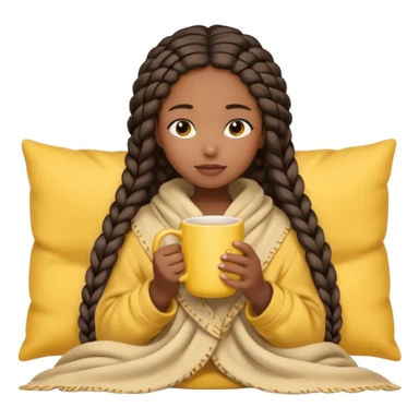 black girl with long braids, eyes closed, holding a yellow mug, wrapped in a light beige blanket, light bow in hair, soft cozy cute emoji style sticker
