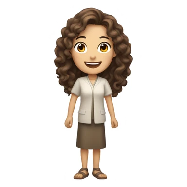 A smiling Asian woman with brown long curly hair and white skin raising one hand.  sticker