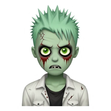 zombie boy with spiky black emo hair, pale green skin, white shirt sticker