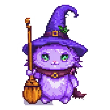 purple witch cat with a broom pixel art sticker