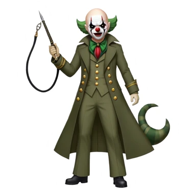 evil clown, bald, small black horns on forehead, fangs, pointed ears, eye patch over one eye, long coat over black and military green leisure suit with bellbottom pants, tail, holding a different style of whip, realistically proportioned, less bulky, full body, battle-ready, fighting posture sticker