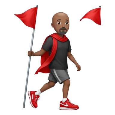 Bald black man with a white goatee in sneakers carrying a red flag sticker