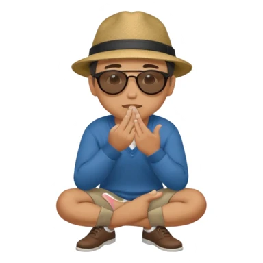 A man squatting down and holdig his hand flat a bit above the ground, like your pettig the air and while holding his finger to his mouth sticker