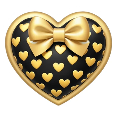 glossy plush black heart with a gold bow and heart pattern on the bow sticker