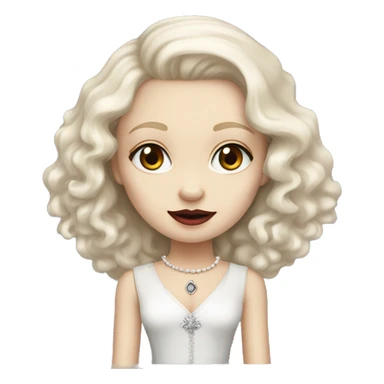 This girl looks like the queen of vampires, she has red eyes, but she is very kind, she has blonde hair, pale skin, big eyes, cheekbones and curly beautiful hair, she likes to dress elegantly, there is a white Chihuahua dog with gray spots sticker