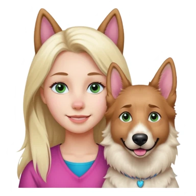 White European young woman with blue-green eyes and long blond hair with her white German Shepherd dog,the Dog hast a pink nose and short fur  and Brown eyes sticker
