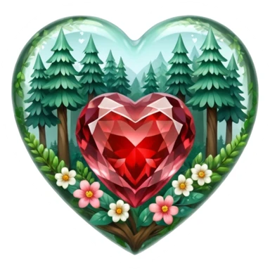crystal heart with forest inside and floral decoration around sticker
