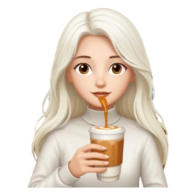 white long haired brunette with brown eyes and a white outfit, drinking a caramel machiatto sticker