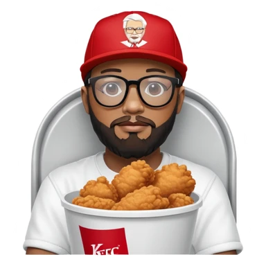 BBNO$ rapper sitting in a KFC bucket, glasses, beard, snapback cap sticker