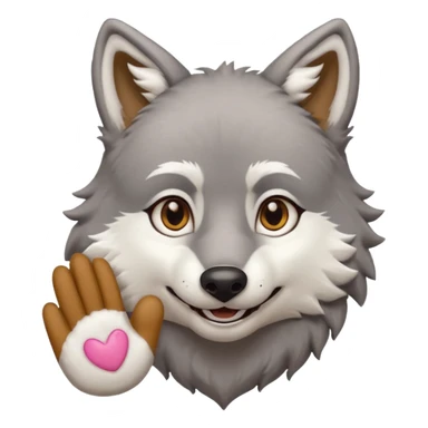male gray wolf with brown eyes, wearing a white dishdasha, happy face, right hand visible, furry fursuit look emoji style icon sticker
