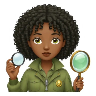 dark skin curly black haired woman in moss green explorer outfit, holding magnifying glass sticker