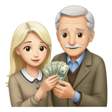 Kind elderly grandfather with gray hair giving money to a pretty blonde young woman who needs financial help, supportive family moment sticker
