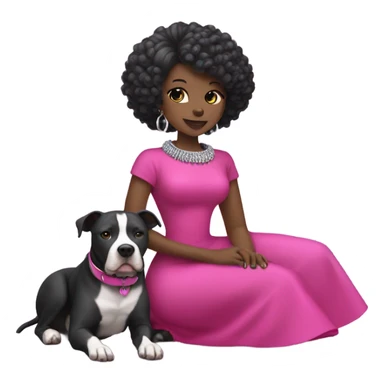 Black lady with black hair wearing hot pink dress hugging large all grey pitbull with spiked pink collar sticker